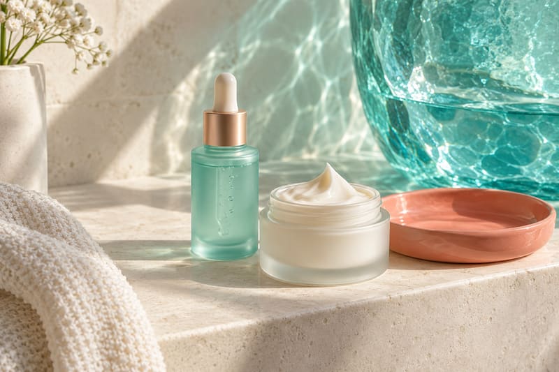 A serum bottle and an open jar of cream on a stone shelf, with rippled light from a glass bowl.